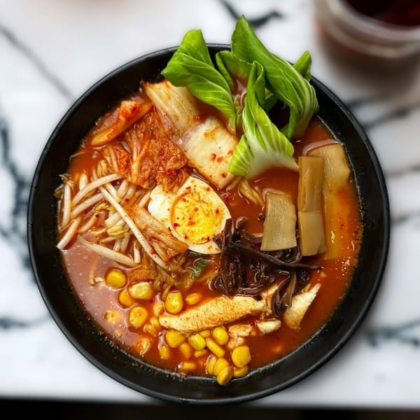 Spicy ramen bowl with kimchi, bok choy, corn, egg, and bamboo shoots on a marble table.